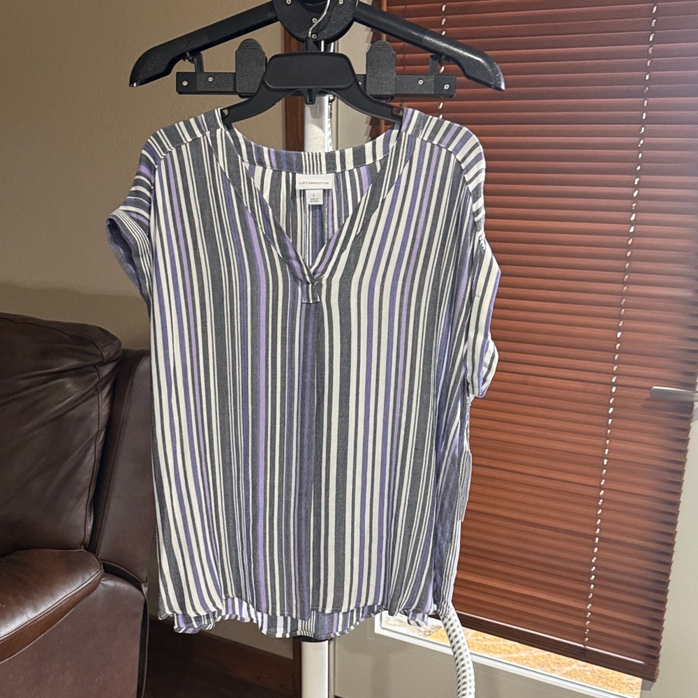Liz Claiborne Striped Cap-Sleeve V-Neck Women's Top - Purple & White